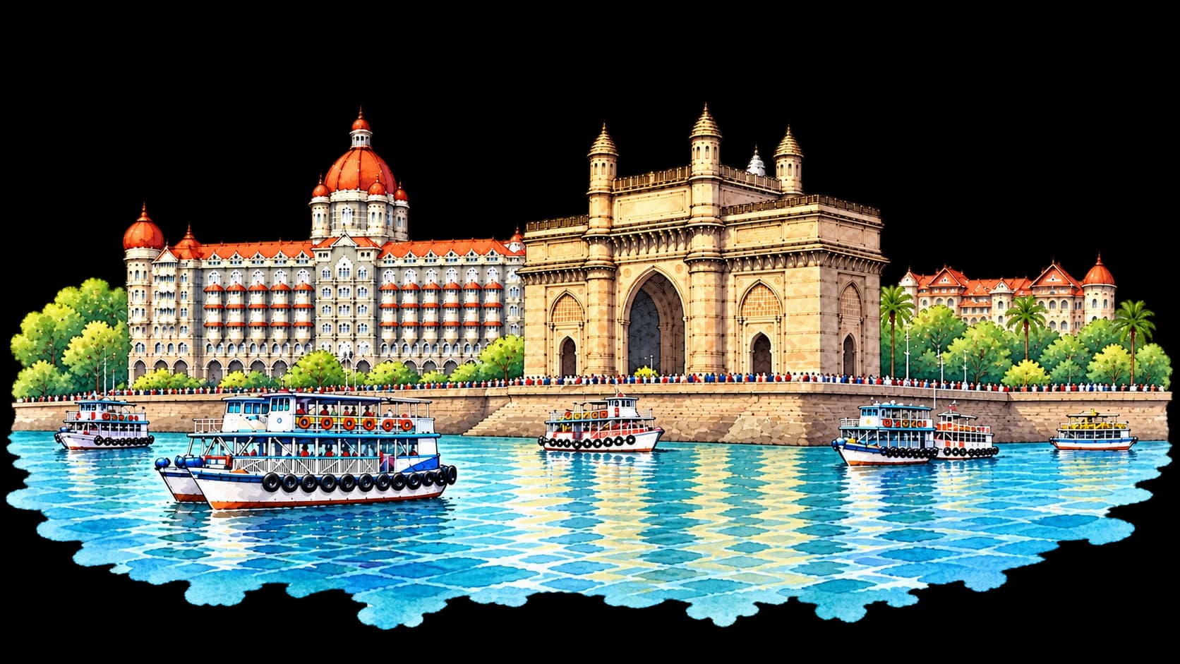 Watercolour illustration of the Gateway of India and the Taj Mahal Palace hotel with ferries in Mumbai harbour